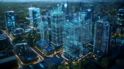 Poster - A futuristic cityscape with illuminated skyscrapers and digital elements.