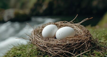 Poster - Nest with white eggs in the grass