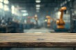 © MUdaylah - Empty wood table top with blur background of factory with robotic arms. with generative ai