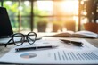 © StockUp - Workspace with glasses, documents with charts, and pens positioned near window with sunlight coming through.