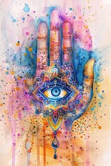 Spiritual Hand of Protection: Ethereal Watercolor Illustration of Amulet and Cultural Symbols