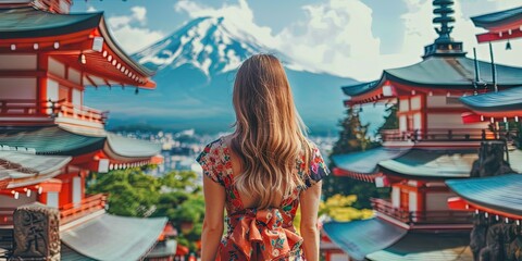  behind of a young woman with straight hair. She's a tourist with a elegant dress. She travels to Japan with mountain in the background.