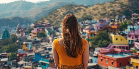  behind of a young woman with straight hair. She's a tourist with a elegant dress. She travels to South America with mountain in the background.