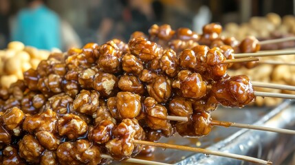 Wall Mural - A string of walnuts soaked in grape molasses starch.Sujuk made of walnuts.'Cevizli sucuk' is the name in Turkish.Different varieties of walnut sujuk.
