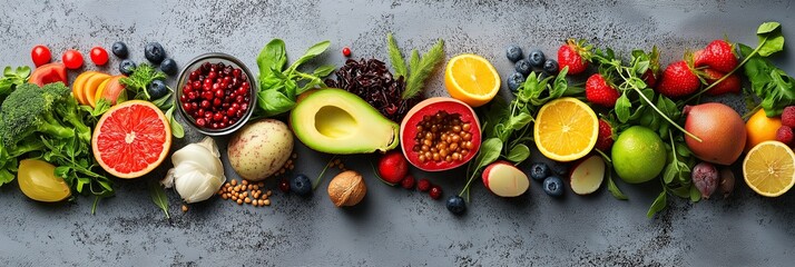 Wall Mural - A colorful array of fresh fruits and vegetables arranged neatly on a textured surface, highlighting natural produce.