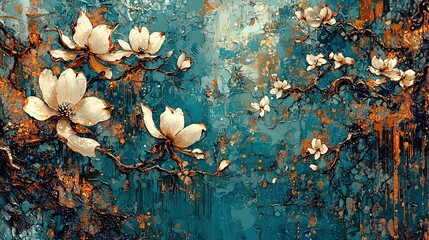 Poster -  A painting featuring white flowers against a backdrop of teal-green and rusted metal, adorned with aged, reddish-brown paint