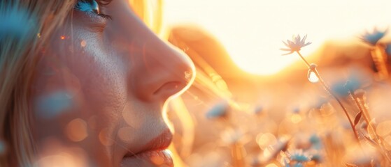 Wall Mural -  A woman's face, closely framed, holds a flower in the foreground Sun behind, aglow