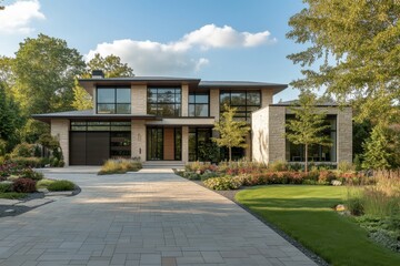Poster - Modern home displaying minimalist styles and refined accents. Key design elements highlight: the living space exhibits a trendy appearance with sleek shapes