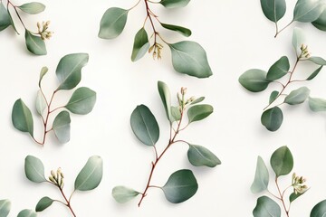 Poster - Elegant artwork showcasing eucalyptus flora with watercolor foliage and flowers on a light background for creative and visual motivation