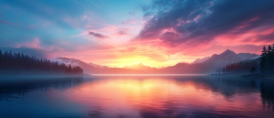  A scenic view of a vast water body with mountains in the backdrop and a sunset casting orange hues over the middle