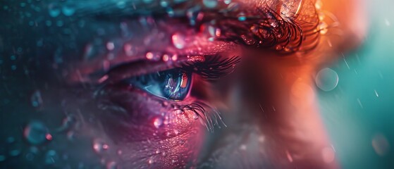  A tight shot of a person's face, surrounded by drops of water on a window, with a softly blurred background