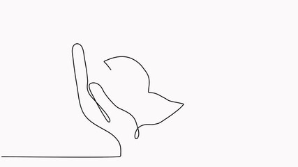 Poster - Hands holding leaves branch continuous line drawing animated video. Plant in human arm one line art.
