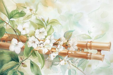 Wall Mural - Spring Melodies: Hand-Drawn Watercolor Pan Flute with Floral Notes