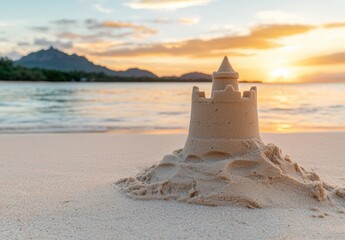 Poster - Sunset over a sand castle on the beach