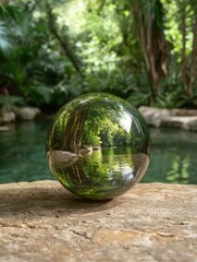 Sticker - Serene forest landscape reflected in glass sphere