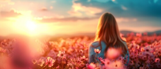 Wall Mural -  A woman stands in a field of flowers, sun shining down through scattering clouds behind her head