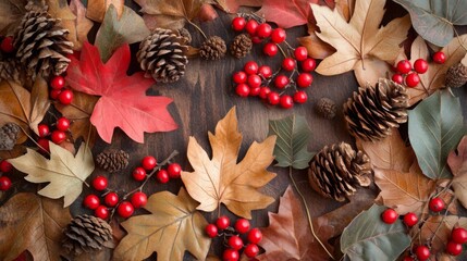 Poster - Colorful autumn leaves, pine cones, and red berries are artistically scattered on a rustic wooden table.