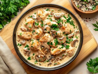 Canvas Print - a banner image with a keto cream chicken, mushrooms, parsley, and green veg on one side of the banner, and room for a logo to go on the other side