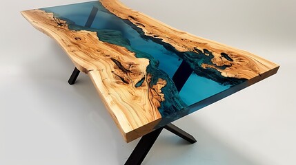 Poster - A unique wooden table showcases a vibrant ocean blue resin river flowing through beautiful natural wood grain