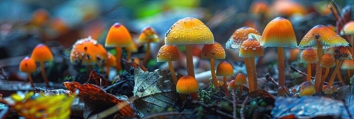 Wall Mural - Multicolored variegated mushrooms on the bed of a humid forest