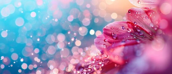 Wall Mural -  A tight shot of a pink flower, adorned with dewdrops, against a softly blurred backdrop of blue and pink