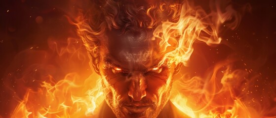 Wall Mural -  A man facing a large fire with his head near but not submerged, eyes fixed and widened