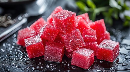 Poster -   Watermelon cubes stacked atop a black background beside a green leaf