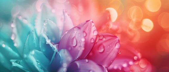  A tight shot of a flower with dew drops glistening on its petals against a multicolored backdrop