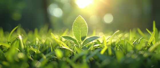 Poster -  A tight shot of a solitary green leaf against a backdrop of grass Sunlight filters through nearby trees, casting dappled light on the scene