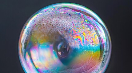 Sticker -   A macro shot of a soap bubble featuring a vibrant rainbow band within its interior, set against a dark backdrop