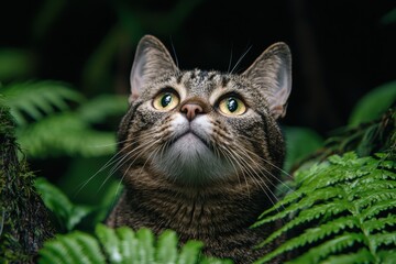 Wall Mural - Curious cat peeking through foliage