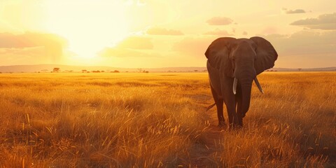 Poster - Elephant roaming alone through the savannah