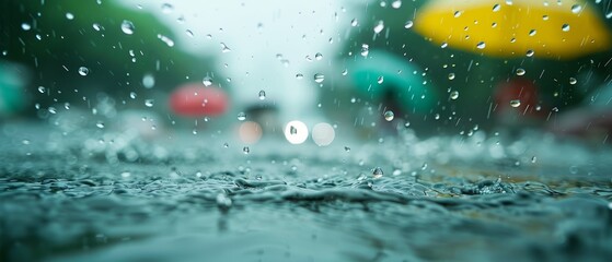 Wall Mural - a rain-soaked window showcases a yellow umbrella at a distance blurred street scene lies behind