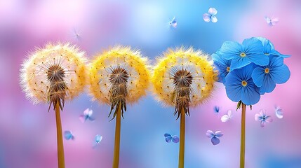 Poster -   Three dandelions together on blue-pink backdrop with butterflies