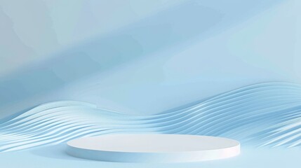 Poster - A minimalist podium stands prominently against a gentle pastel blue backdrop featuring elegant wavy lines, creating a serene atmosphere for presentations or displays