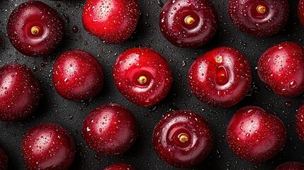 Sticker -   A group of red apples sit on a table covered in water droplets on a black surface