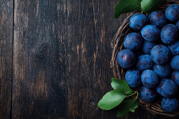 Canvas Print - Fresh organic plums in a wicker basket on a rustic wooden background