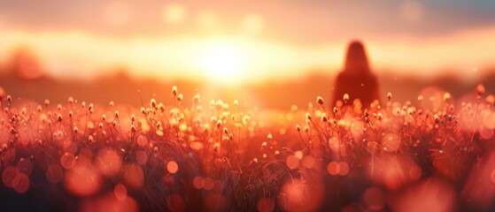 Canvas Print -   a field filled with waving grasses as the sun sets and casts warm hues behind