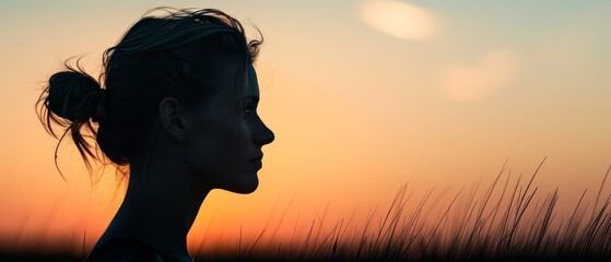 Wall Mural -  A woman stands before a sunset with her hair in a high ponytail