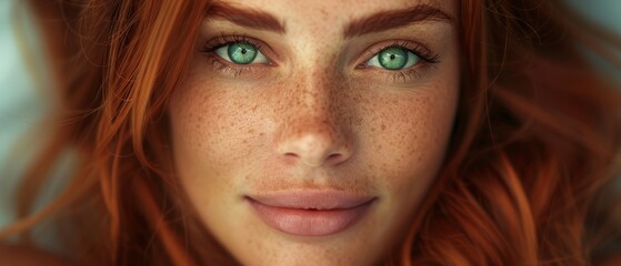 Wall Mural -  A tight shot of a woman's face adorned with freckles, some larger than others