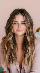 Wall Mural - Smiling woman with long wavy hair