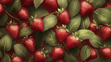 Sticker -   A high-quality image of a strawberry branch, with close-up shots of the fruit against a vibrant red background featuring lush green foliage