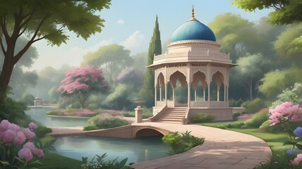 Wall Mural - Mughal garden, arch, peacock, plant botanical landscape illustration. Mughal wallpaper illustration for wallpaper.