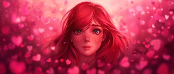 Wall Mural - red hair, blue eyes; pink backdrop, heart-adorned face