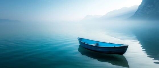  A blue boat floats atop a body of water, beside a towering mountain shrouded in fog and mist