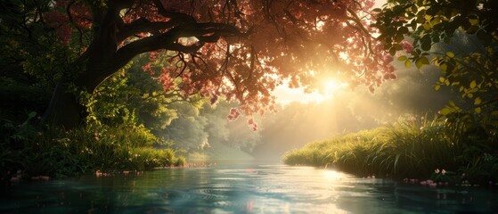  A river winds through a verdant forest, surrounded by tall trees and lush grass on either side