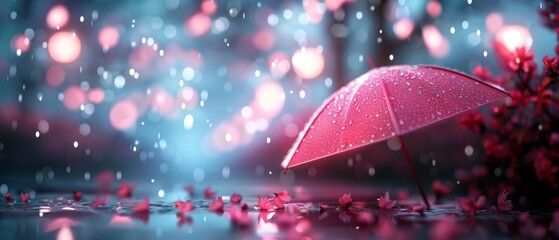 Wall Mural -  A pink umbrella sits atop a puddle, next to a red bush and a blue sky