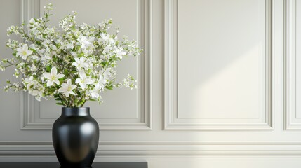 Poster - beautiful white flowers in black vase on table