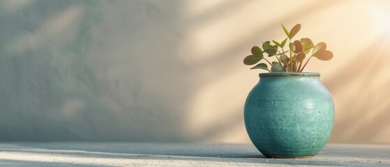 Sticker -  A green vase holding a plant It rests on a white background, casting a shadow towards a nearby wall