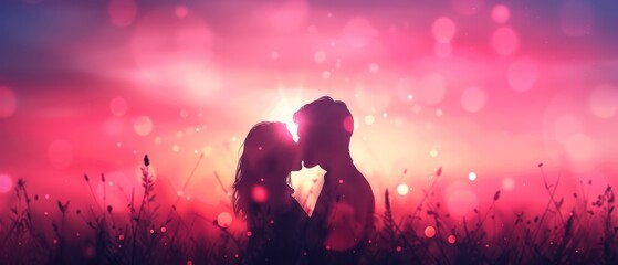 Wall Mural -  Silhouettes of two people kissing against a backdrop of tall grass Pink and blue sky overhead